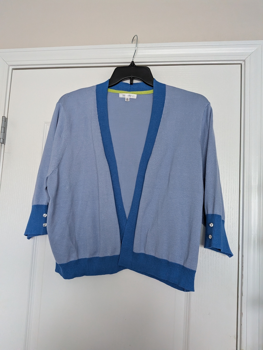 Women's Two-Tone Light Blue Short Cardigan with Dark Blue Trim